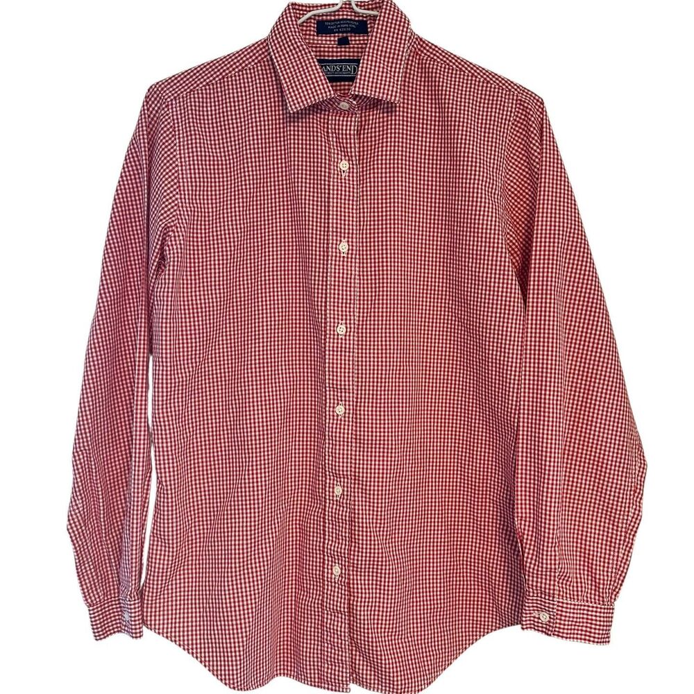 Lands' End Boys Size 10 Red White Checkered Button Up Long Sleeve Dress Shirt